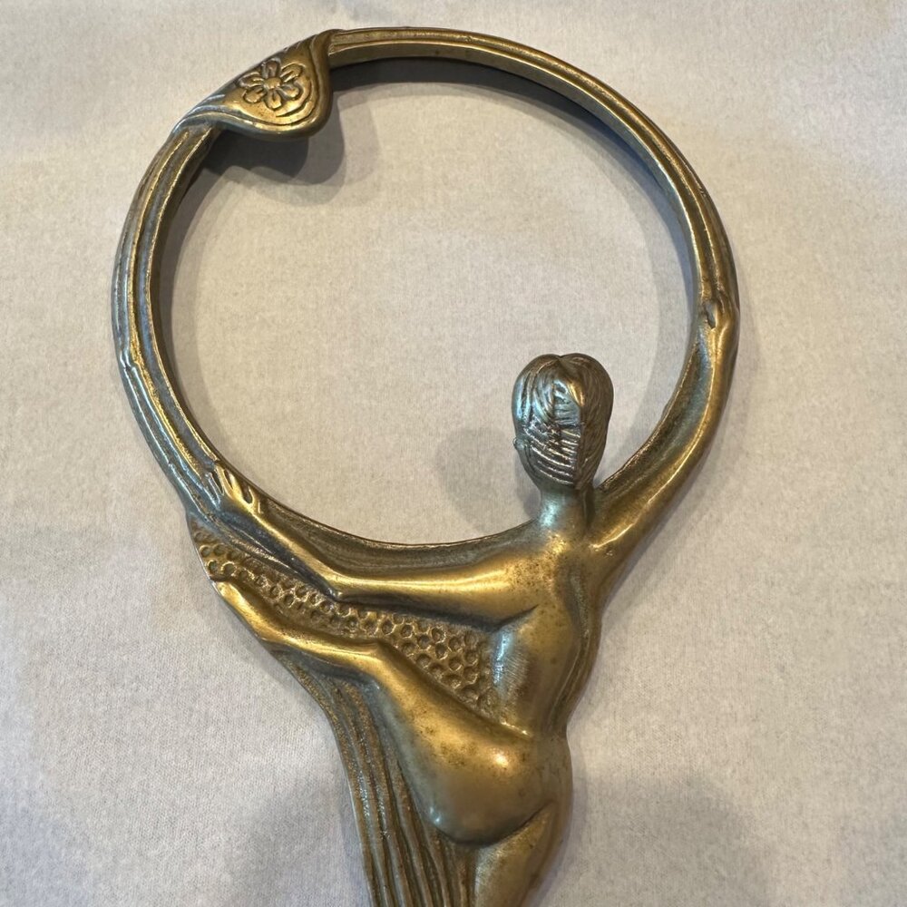 Vintage Antique Brass Hand Mirror Frame Art Nouveau Female Figure Vanity Deco - Picture 12 of 12